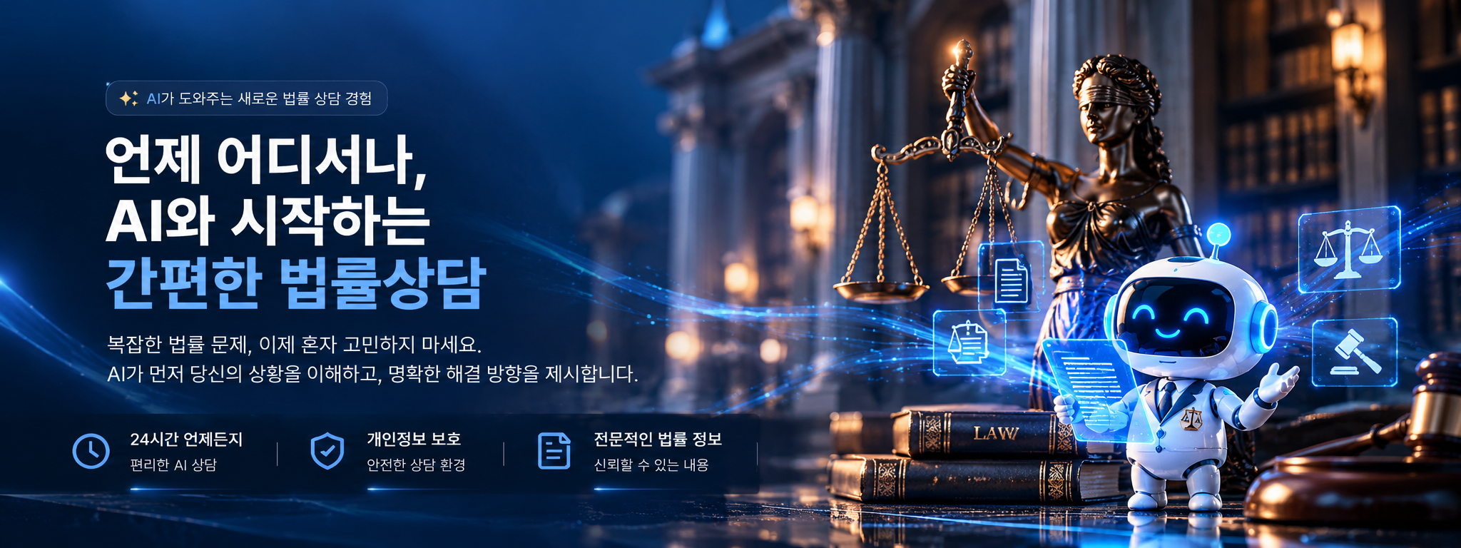언제 어디서나 AI와 시작하는 간편한 법률상담. 24시간 AI 상담, 개인정보 보호, 전문적인 법률 정보